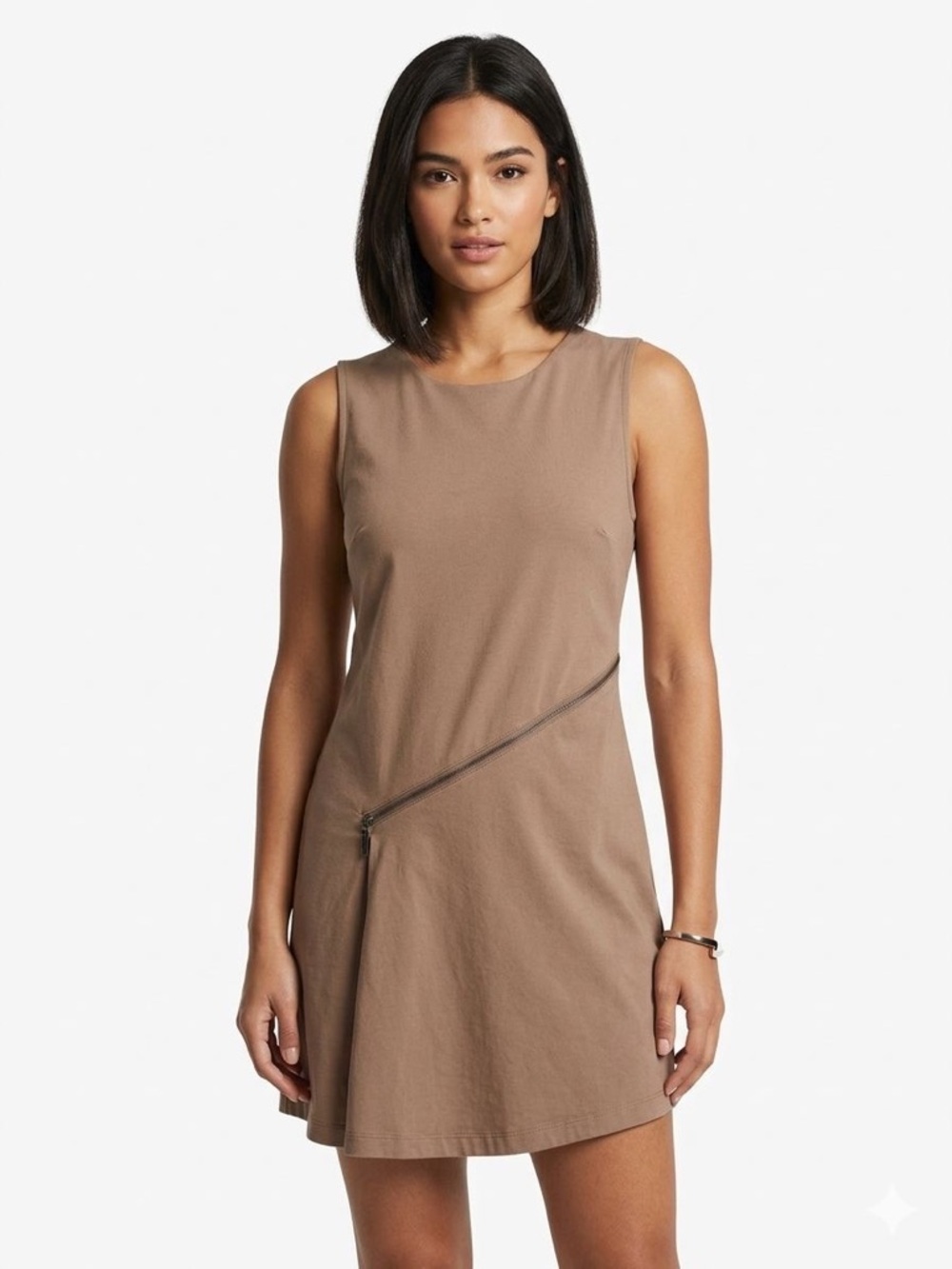 H by Halston Sleeveless Taupe Mini Dress with Asymmetric Zip